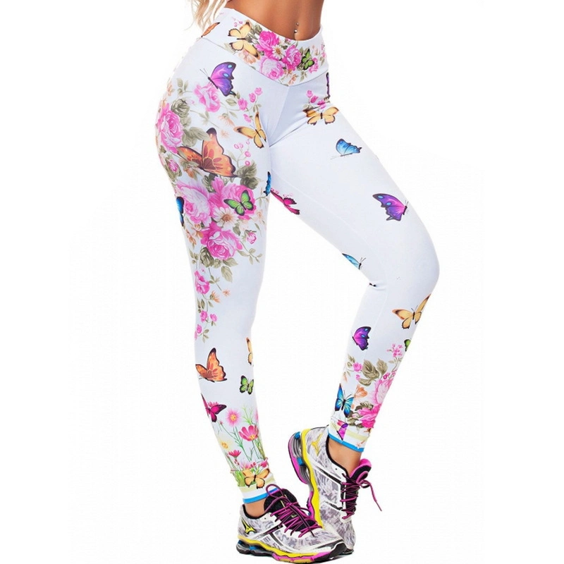 Colorful Butterfly Peony Flower Pattern Print Leggings Slim Fitness Sports Yoga Pants