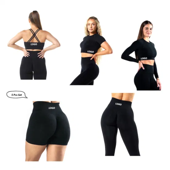 Conjunto de 5 peças de roupas esportivas de fitness, roupas de ginástica de compressão sem costura para mulheres, logotipo personalizado, top de ginástica + shorts de ioga + leggings de treino, vestuário ativo