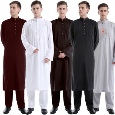 Manga comprida masculina Thobe estilo saudita árabe masculino robe árabe masculino roupas muçulmanas Ramadã roupas étnicas do Oriente Médio